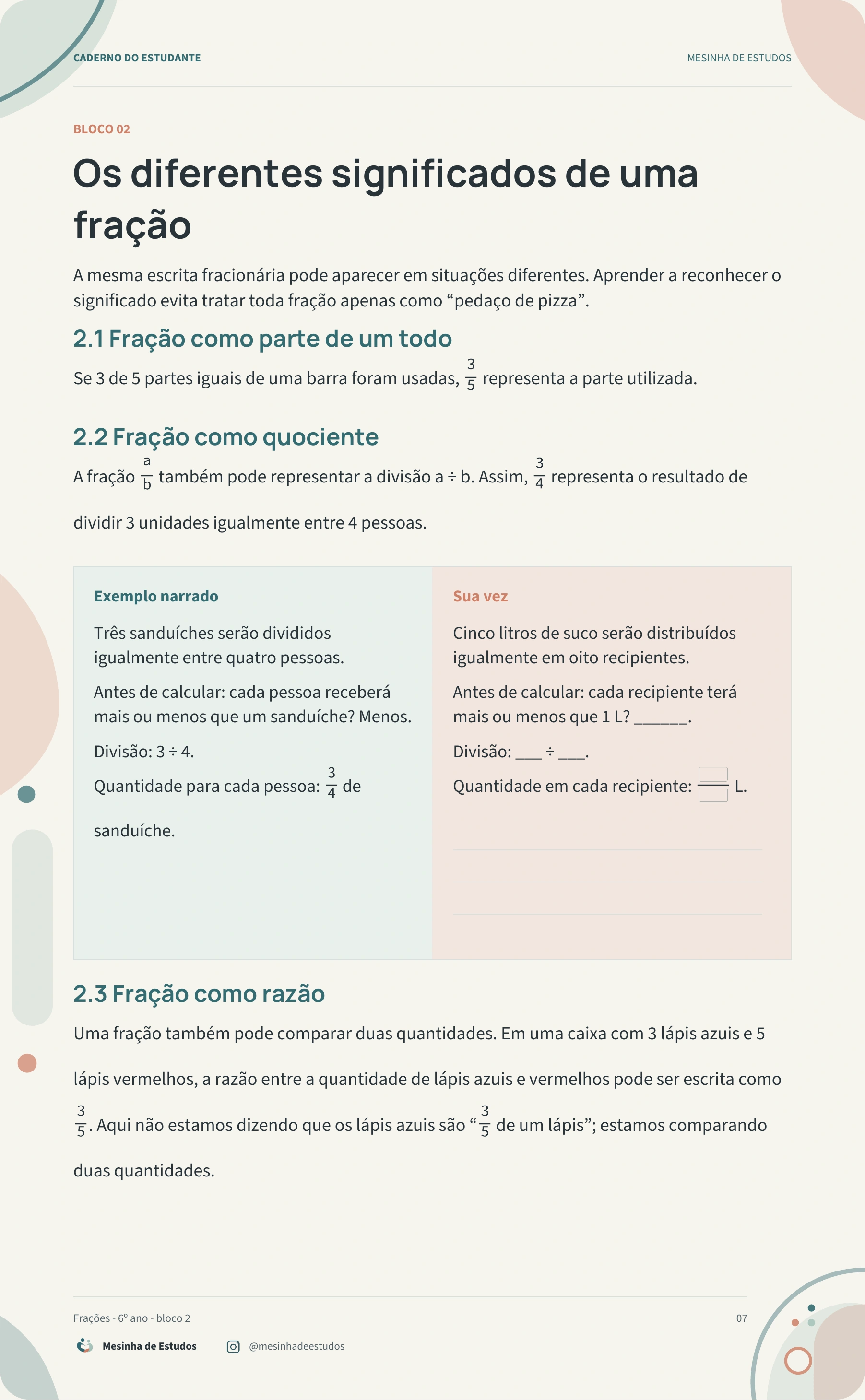 Página 7 do caderno de frações: significados de uma fração.