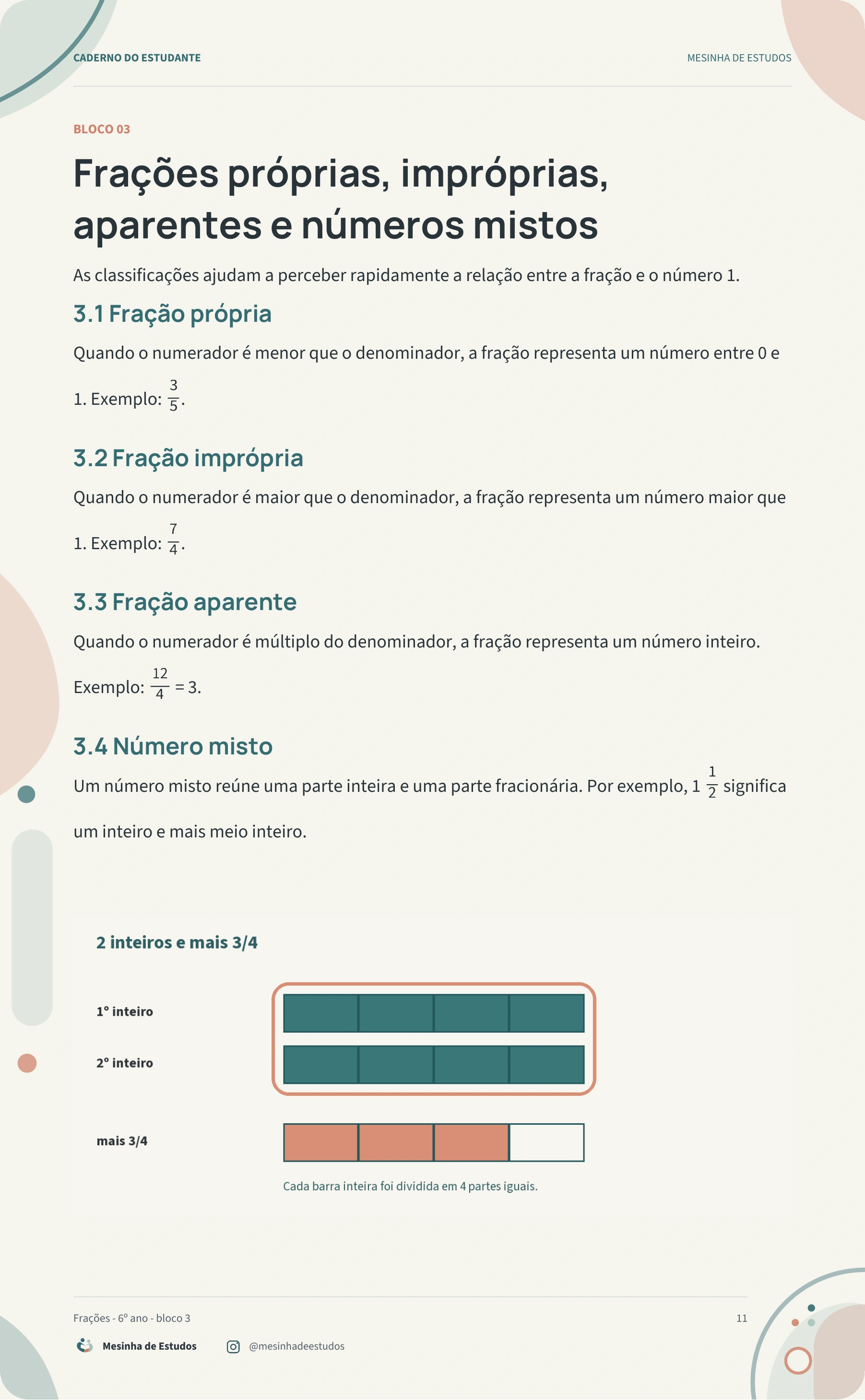 Página 11 do caderno: frações próprias, impróprias e números mistos.