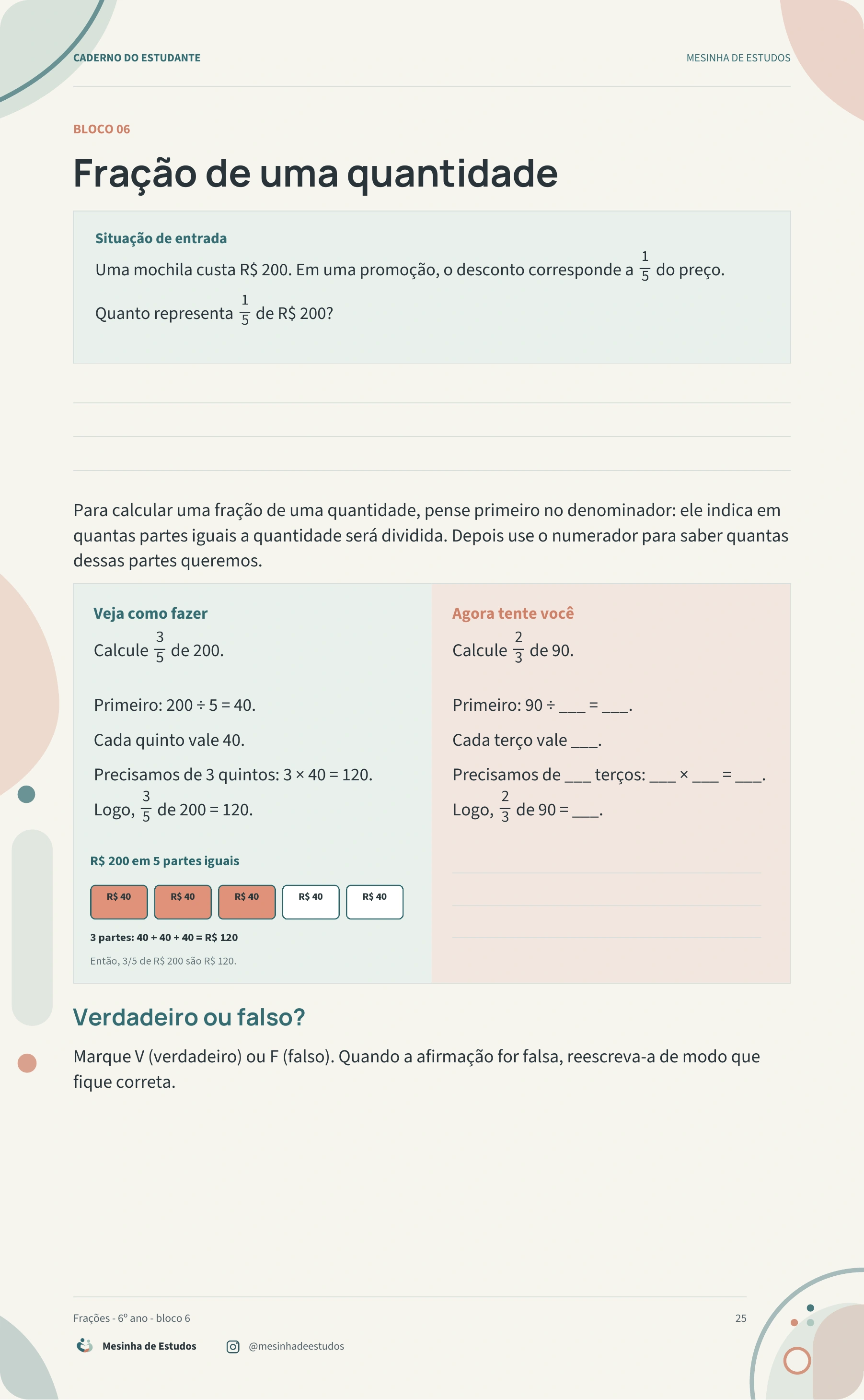 Página 25 do caderno: fração de uma quantidade.