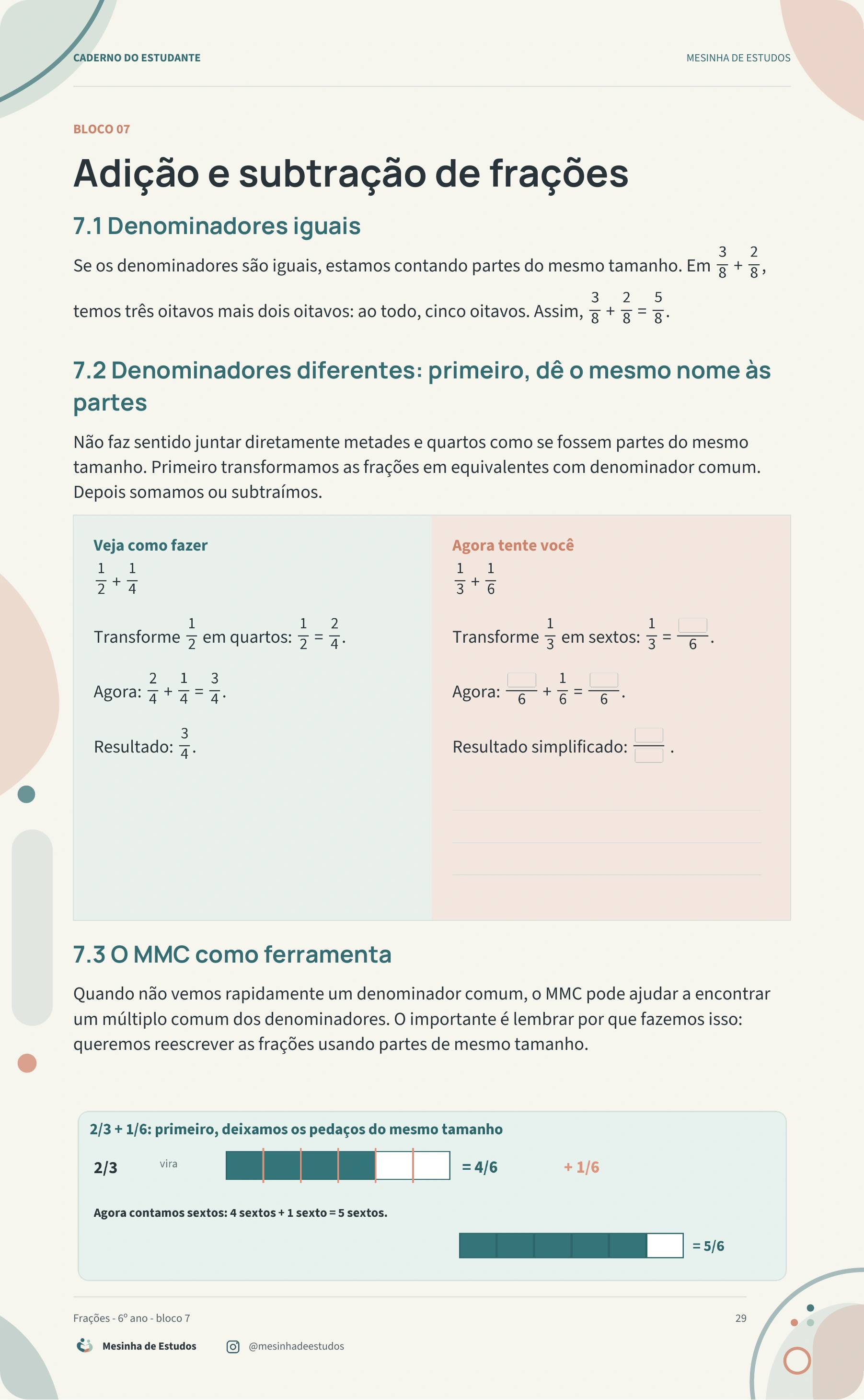 Página 29 do caderno: soma e subtração de frações.