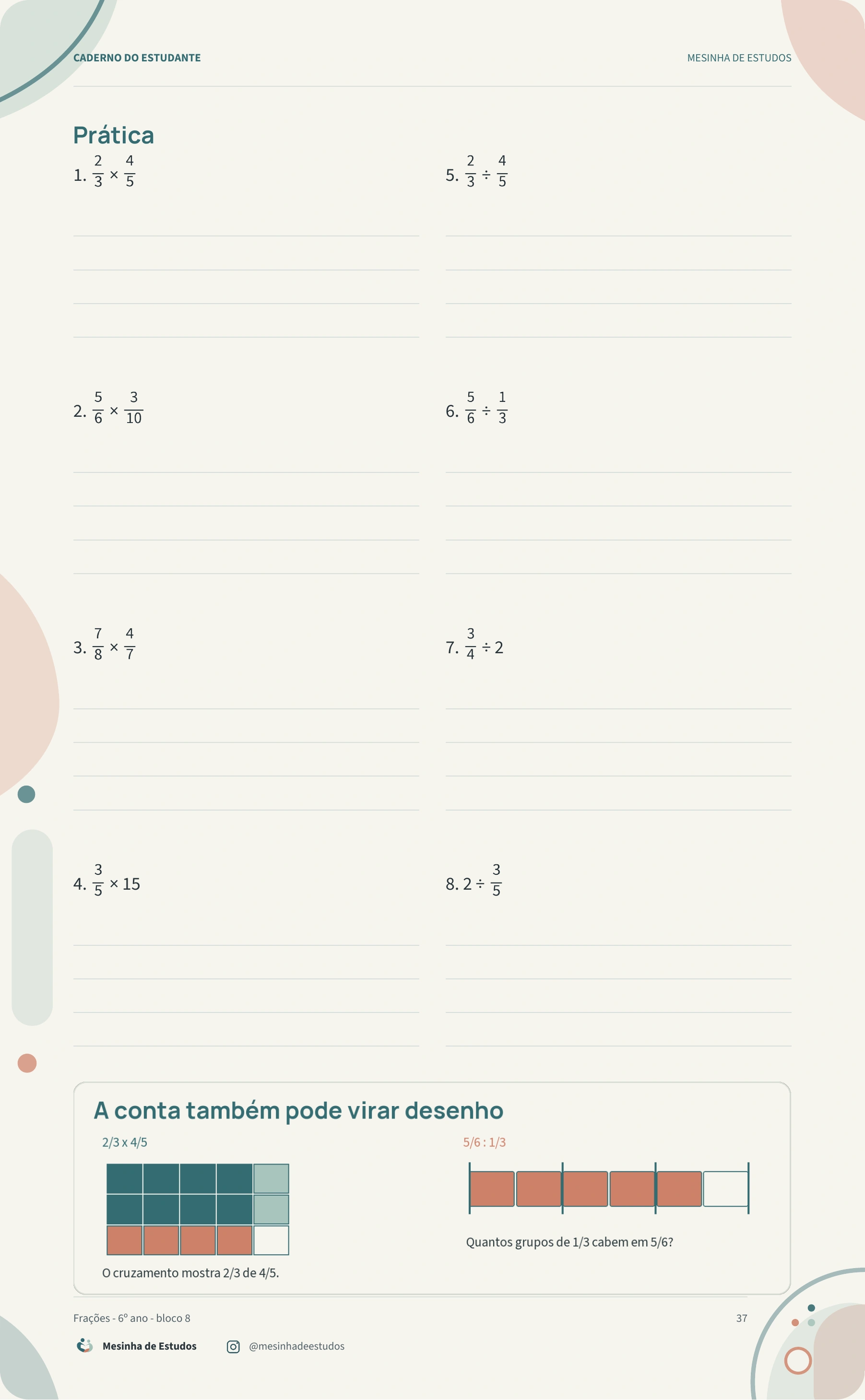 Página 37 do caderno: exercícios de frações com desenhos e espaço para responder.