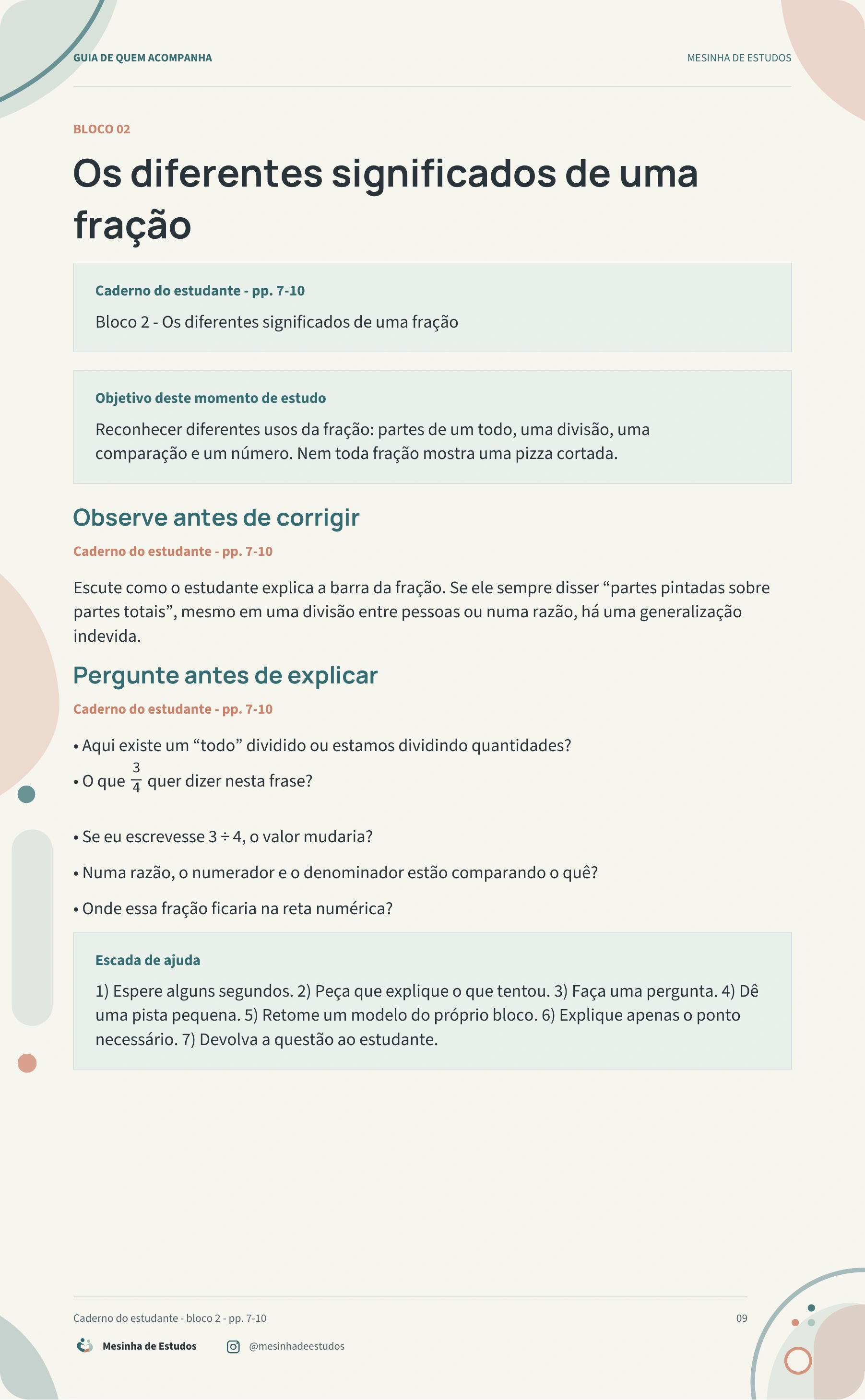 Página 9 do guia: significados de uma fração e como explicar.