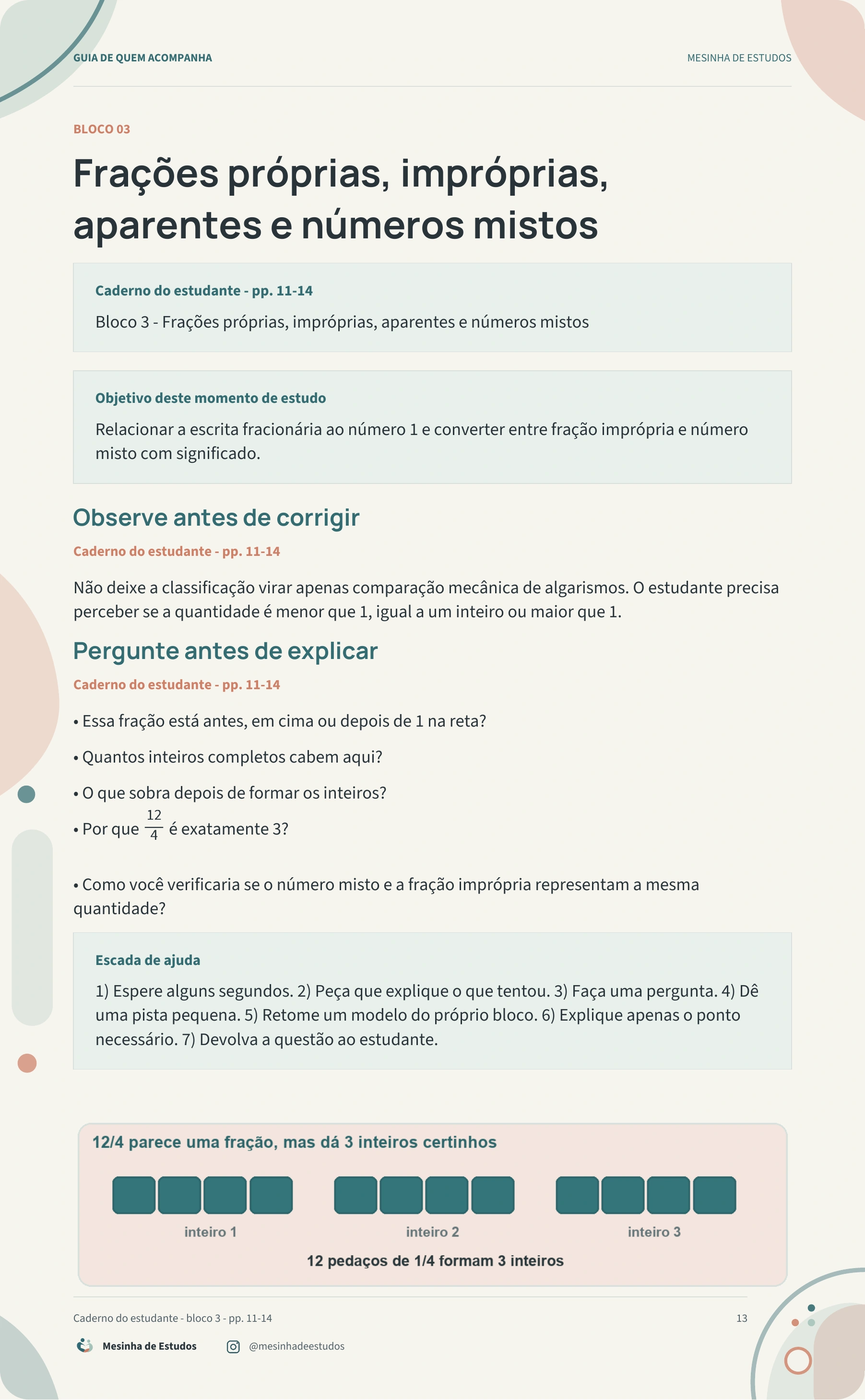 Página 13 do guia: frações próprias, impróprias, aparentes e números mistos.