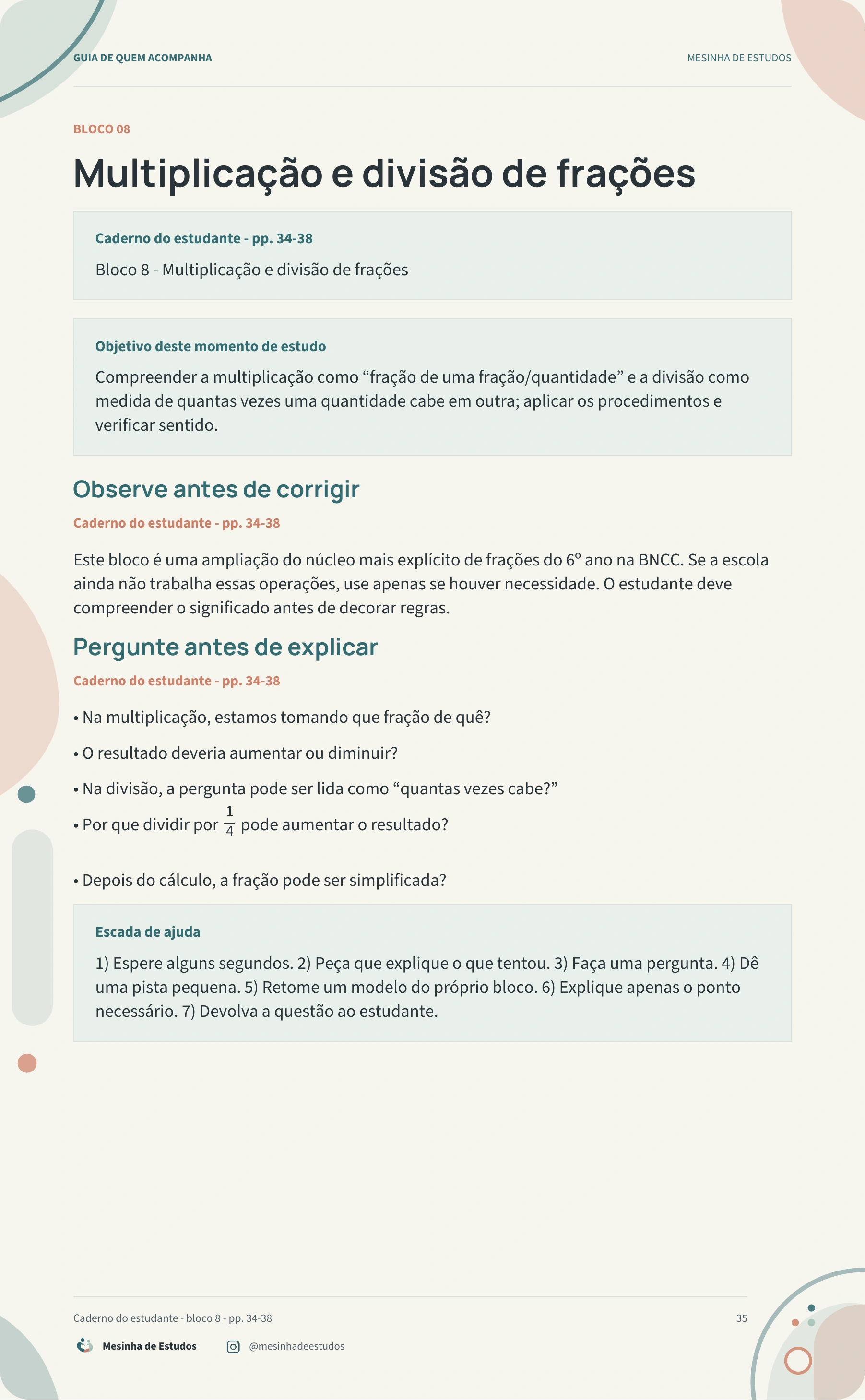 Página 35 do guia: multiplicação e divisão de frações.