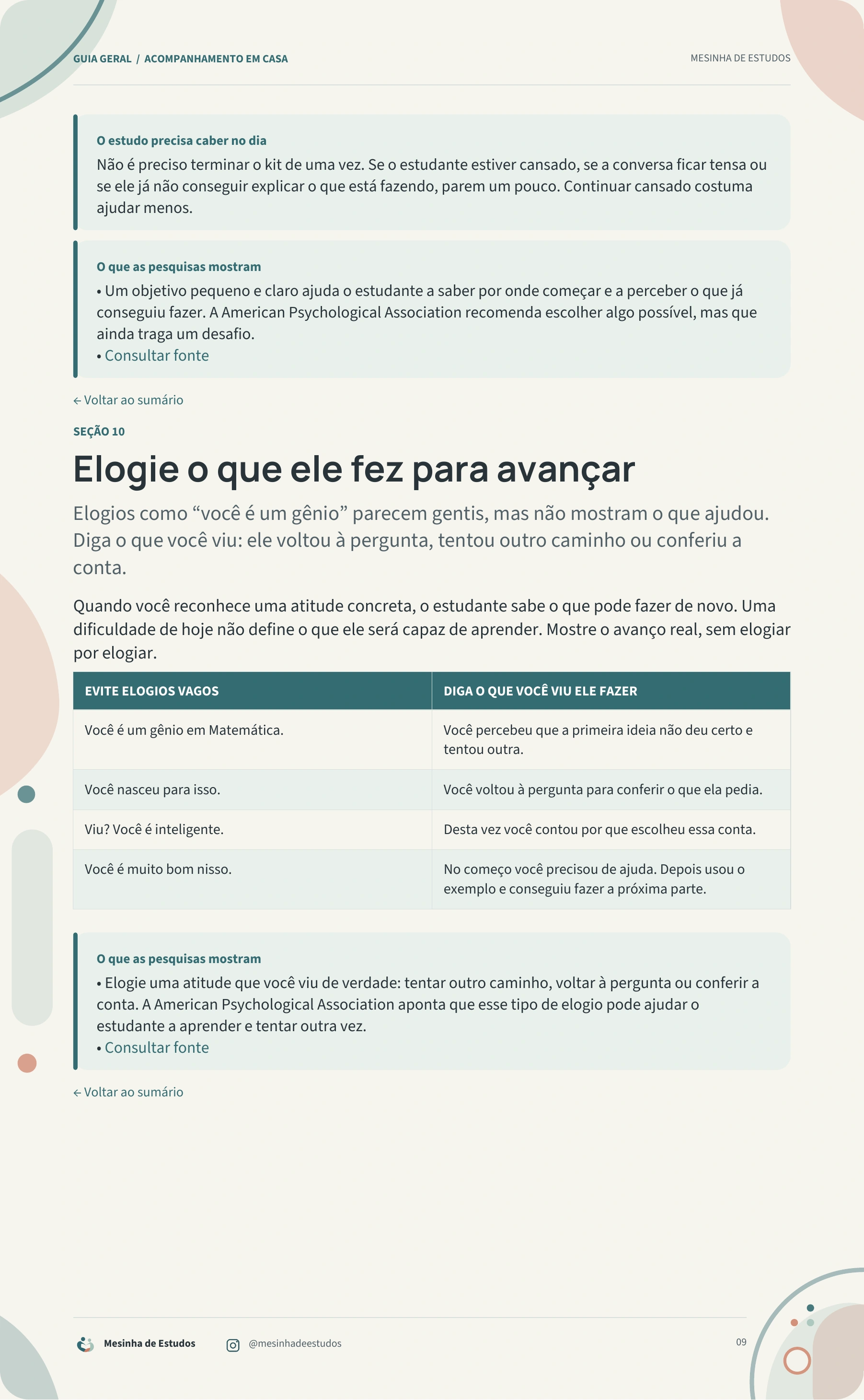 Página 9 do Guia Geral: como elogiar o que a criança fez para avançar.