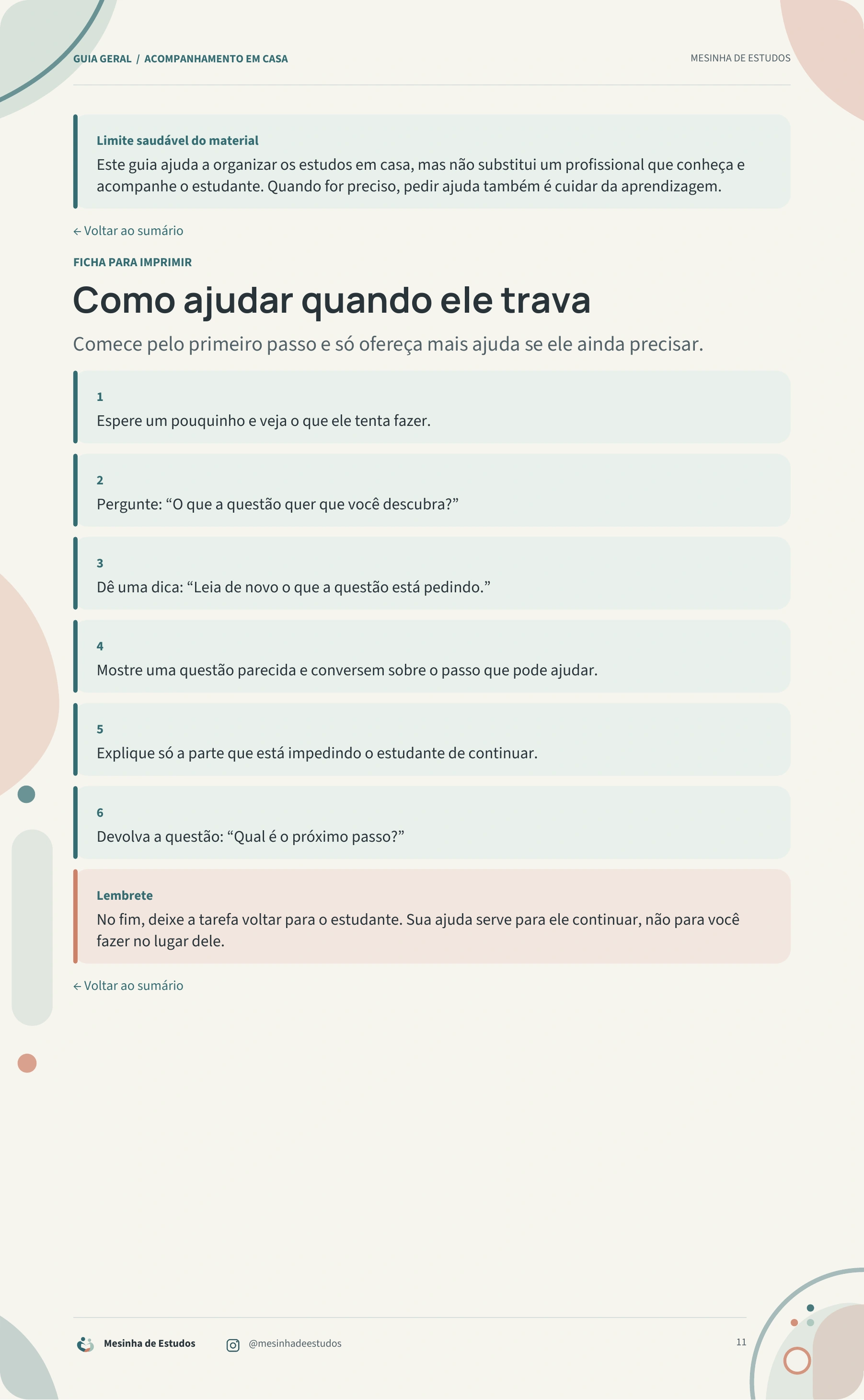 Página 11 do Guia Geral: ficha para ajudar quando a criança trava.